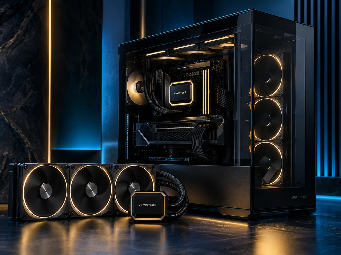 Black desktop PC with gold lighting and a triple-fan liquid cooler